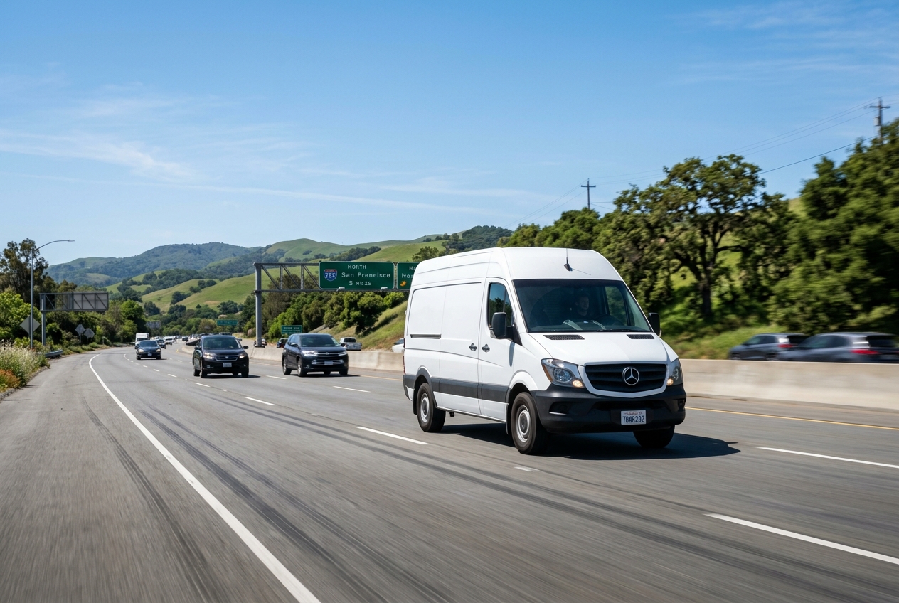 Desire Transport sprinter cargo van running expedited freight on Interstate 280 toward San Francisco