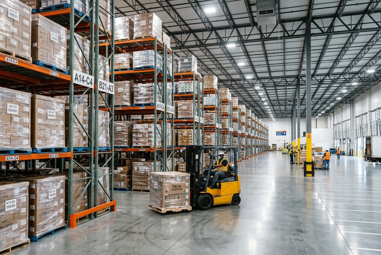 Distribution warehouse racking and dock operations across the Desire Transport regional coverage network